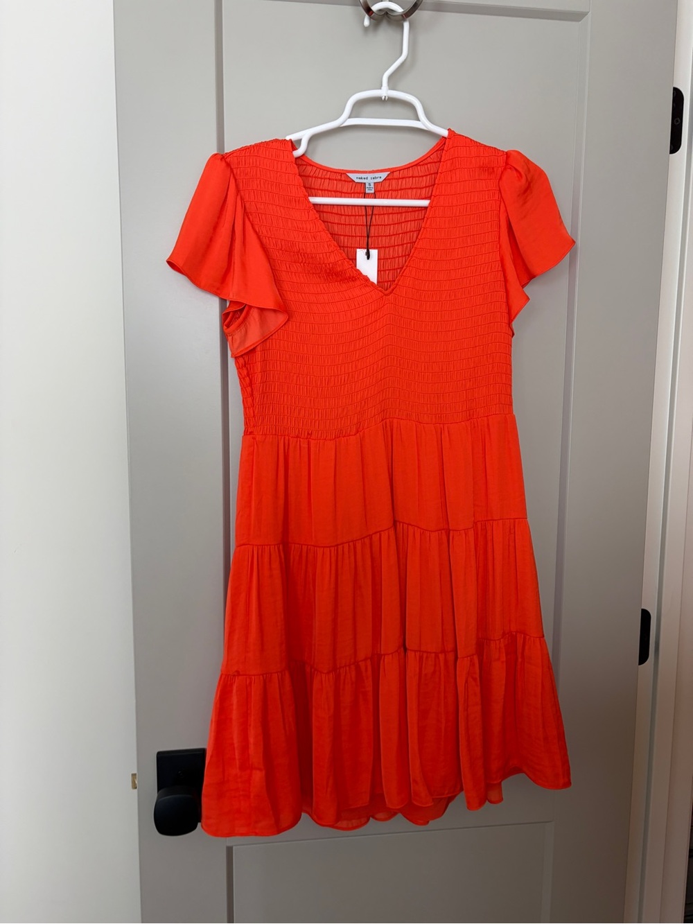 Naked Zebra Orange V‑Neck Tiered Mini Dress